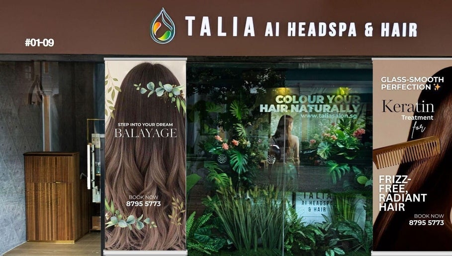 Front view of Talia Hair and Beauty Salon, Singapore offering balayage and keratin treatments.