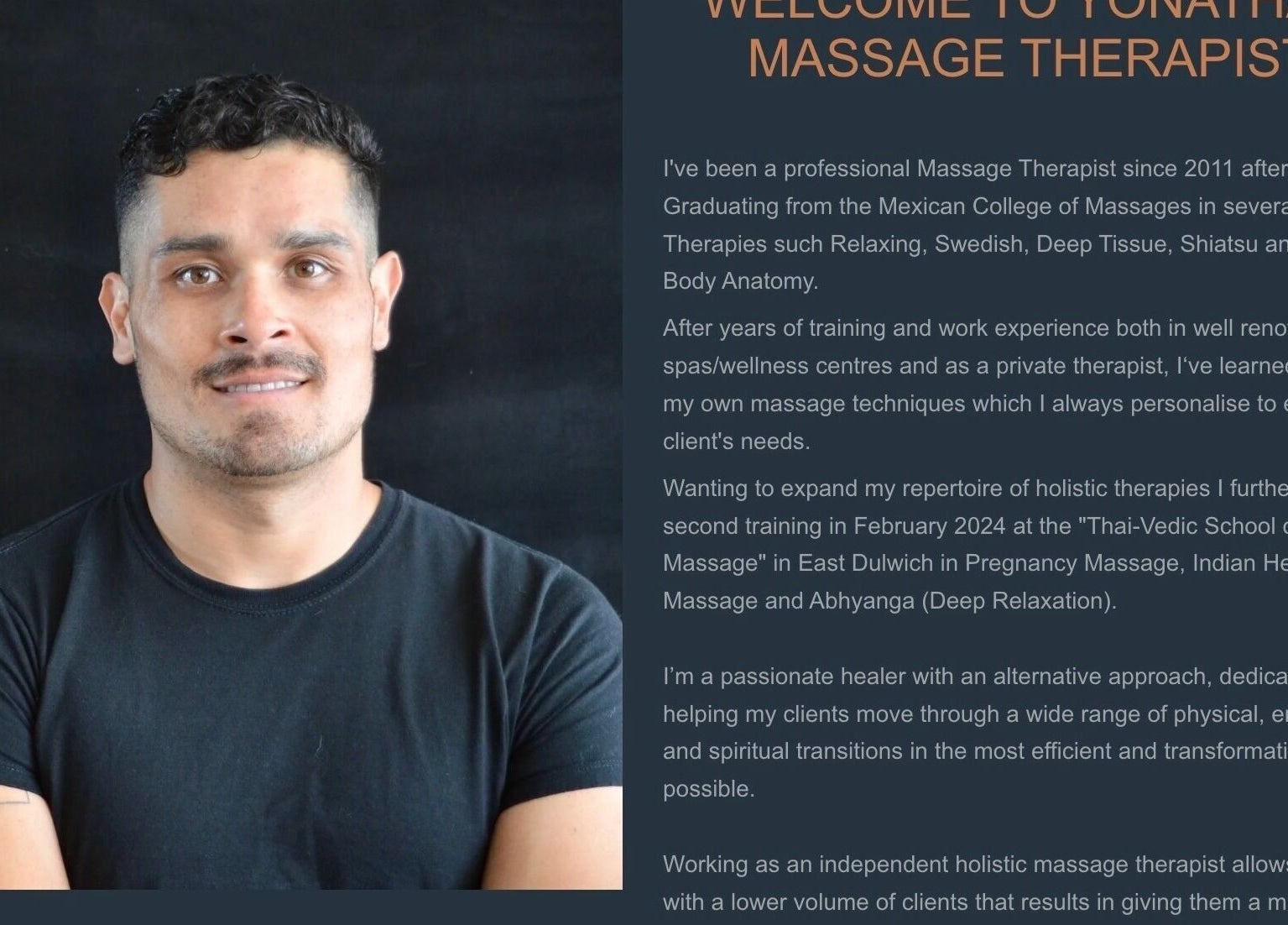 Portrait of a therapist at Yonathan Massage Therapy in London, England, GB with welcome text.