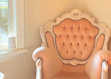 Luxurious peach armchair in LaBirdie Hair, Frankston Sth, Victoria, AU, by a sunlit window.