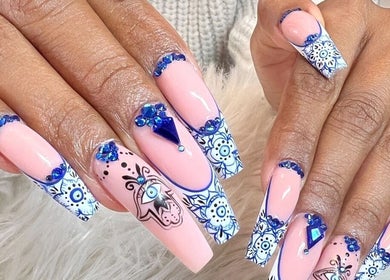 Stunning blue and pink nail art with rhinestones at Nailz By Sandy, Adjala-tosorontio, Ontario, CA.