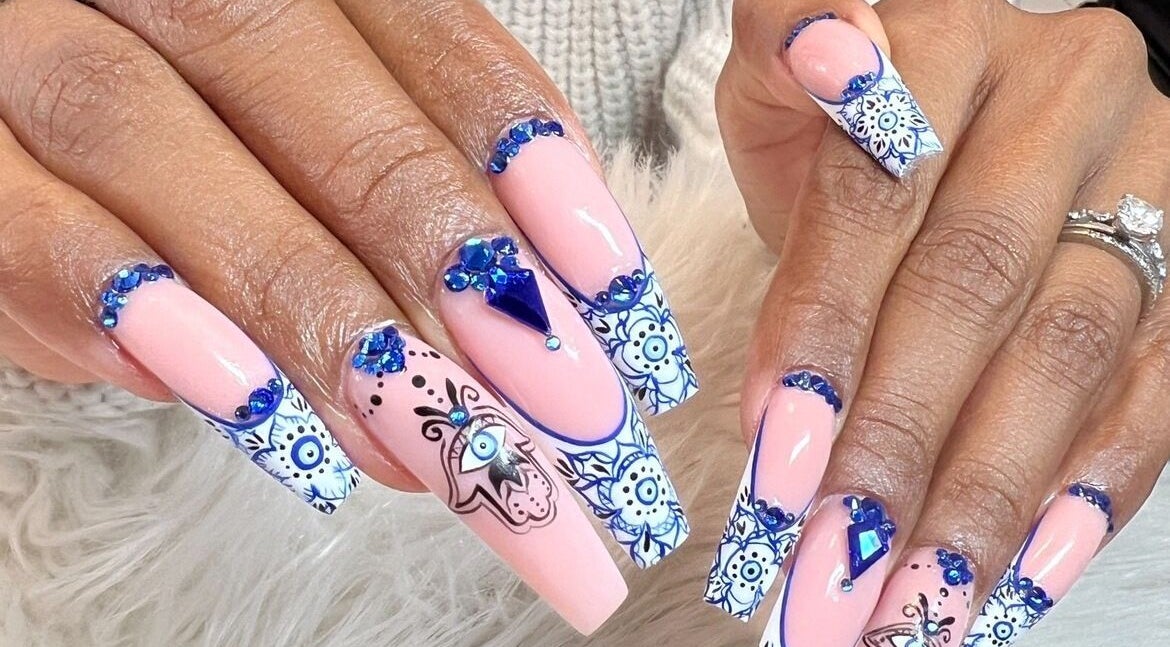 Stunning blue and pink nail art with rhinestones at Nailz By Sandy, Adjala-tosorontio, Ontario, CA.