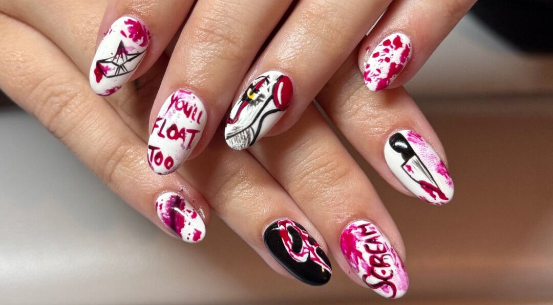 Creative horror-themed nail art at Beauty By Abs, Livingston, Scotland, GB, featuring detailed designs.