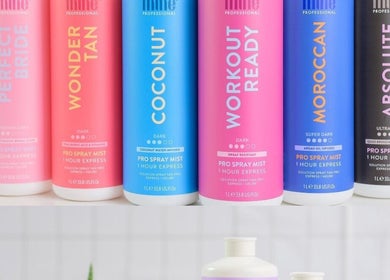 A vibrant array of spray tan bottles at Golden Hour, Gore, Southland, NZ. Perfect for glowing skin.