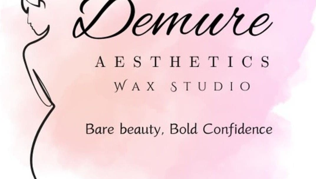 Demure Aesthetics logo on a pink backdrop at 6729+8V Providence, Tobago, TT, offering waxing and beauty services.