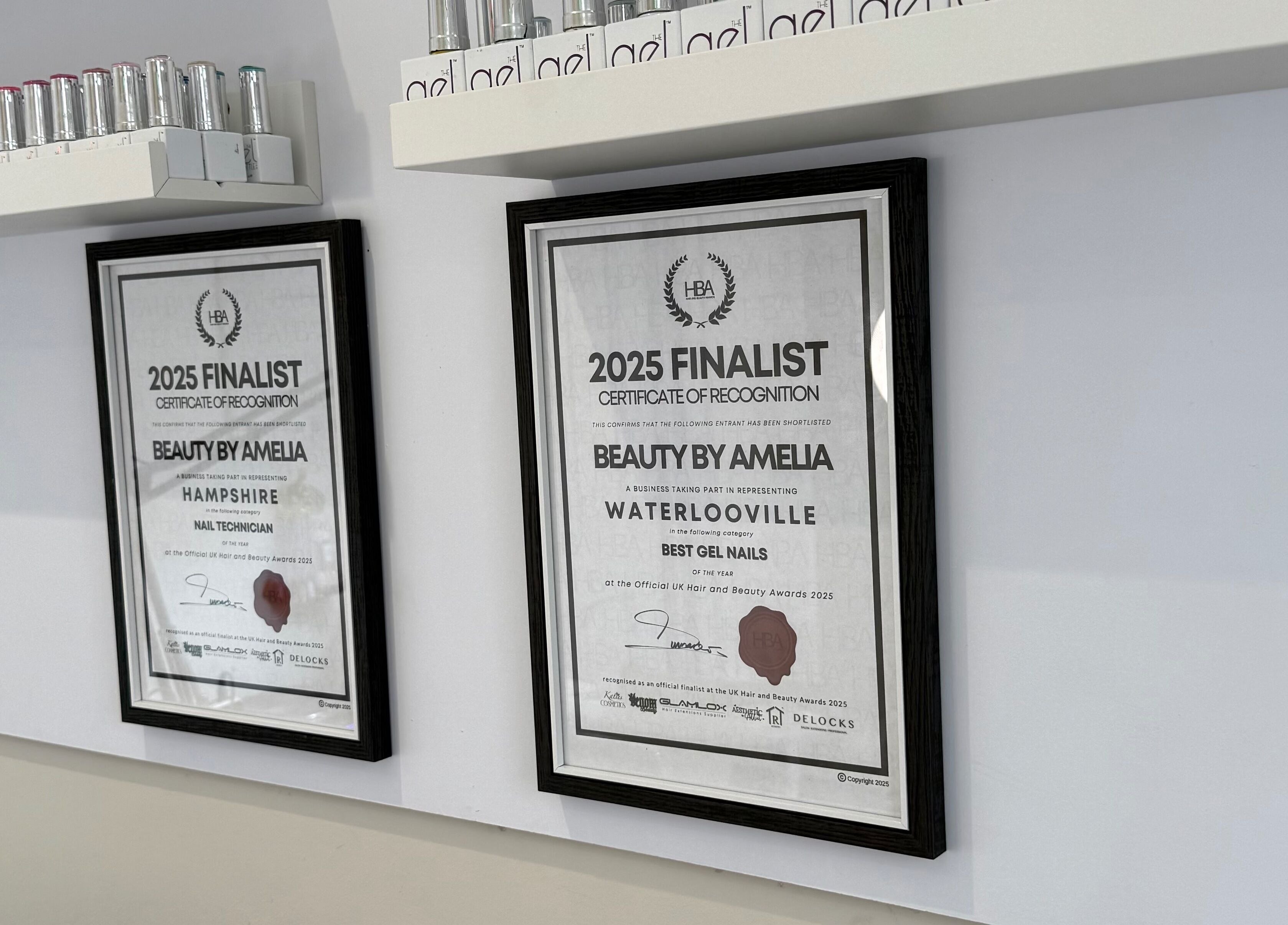 Beauty By Amelia at Clanfield, England, recognized as 2025 finalist. Certificates displayed elegantly.