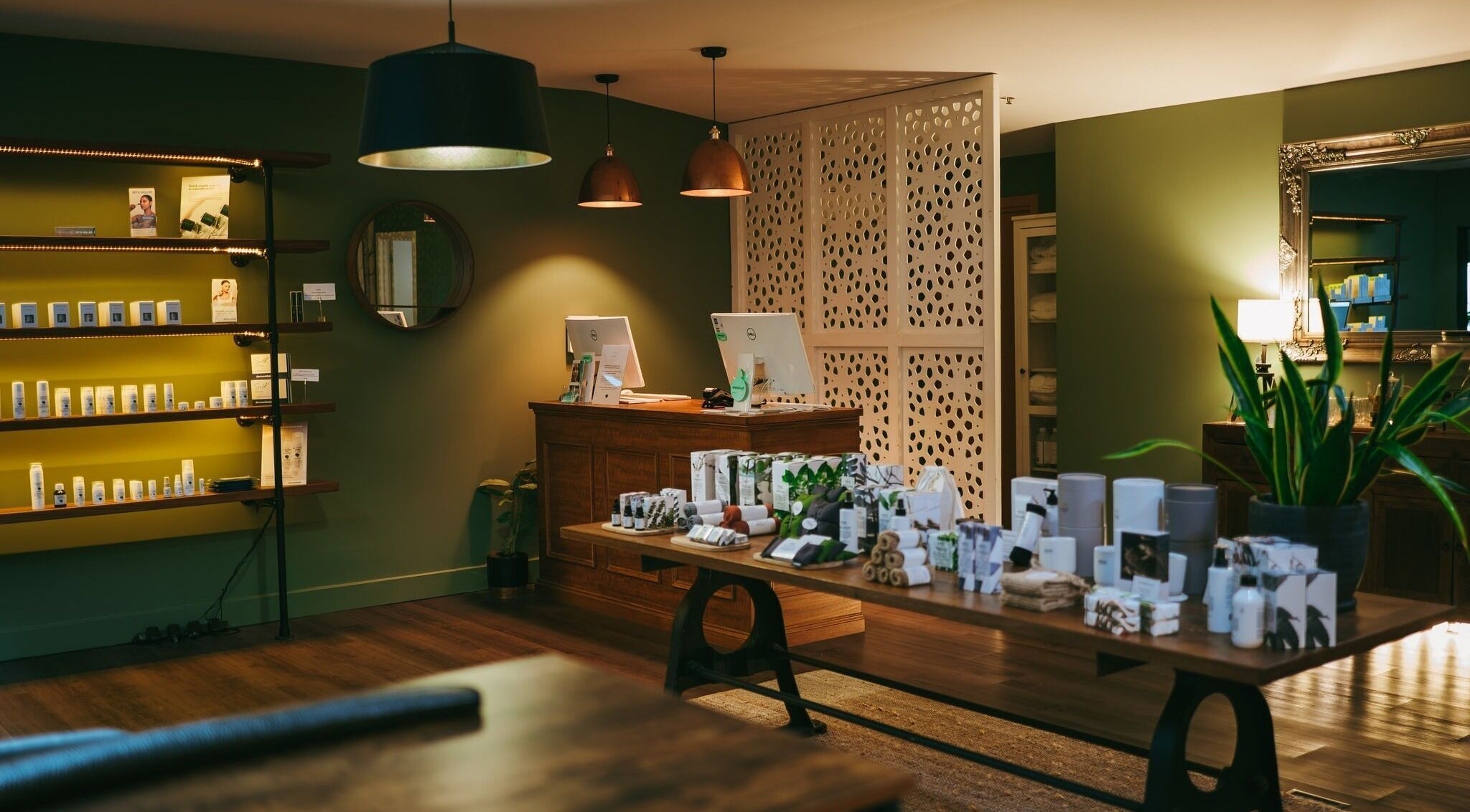 Relaxing interior of Nourish Spa and Skin Clinic, Melbourne, VIC, AU, showcasing a reception area with natural decor.