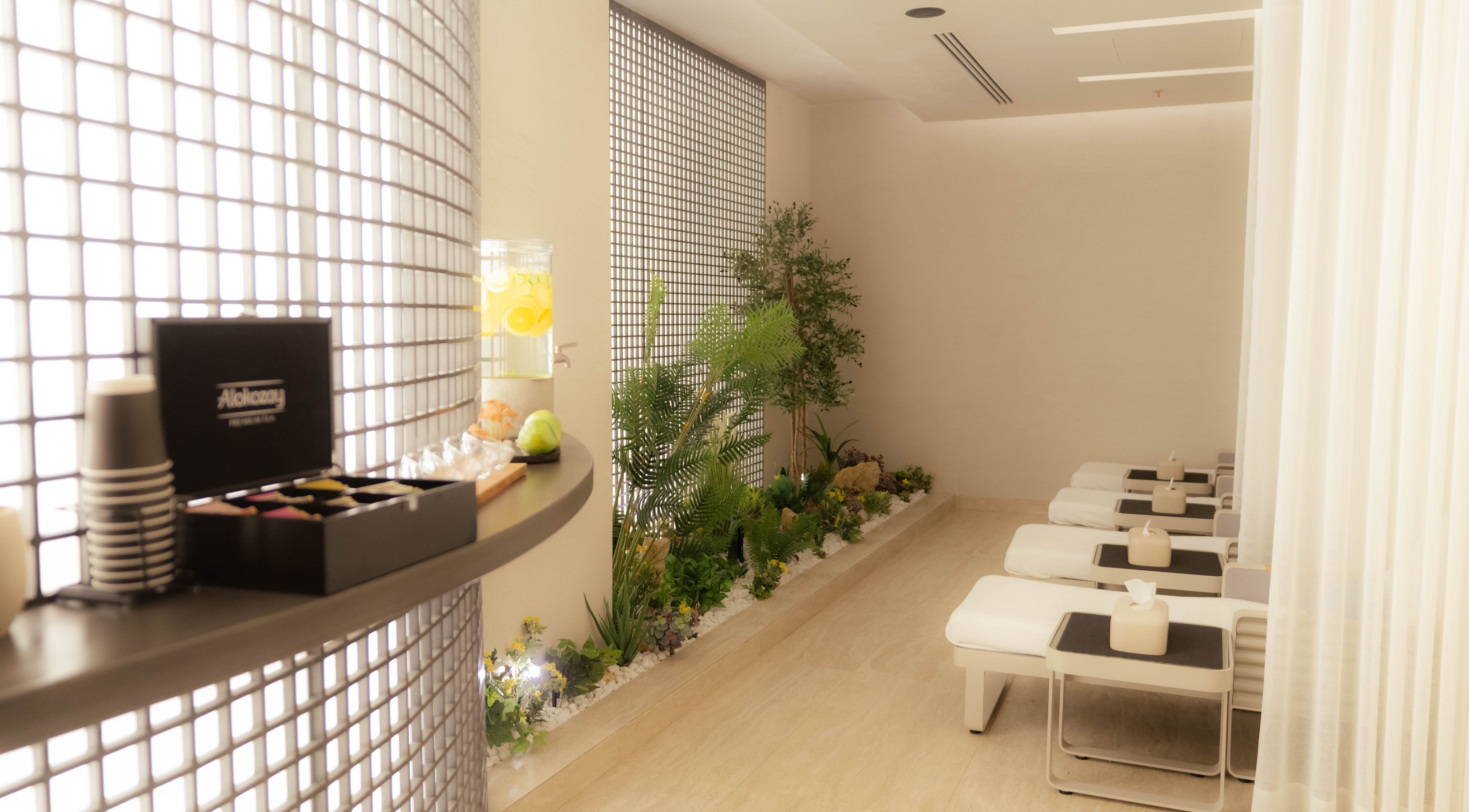 Relaxing lounge area at Alpha Spa, Riyadh, Riyadh Province, SA, featuring soothing plants and serene lighting.