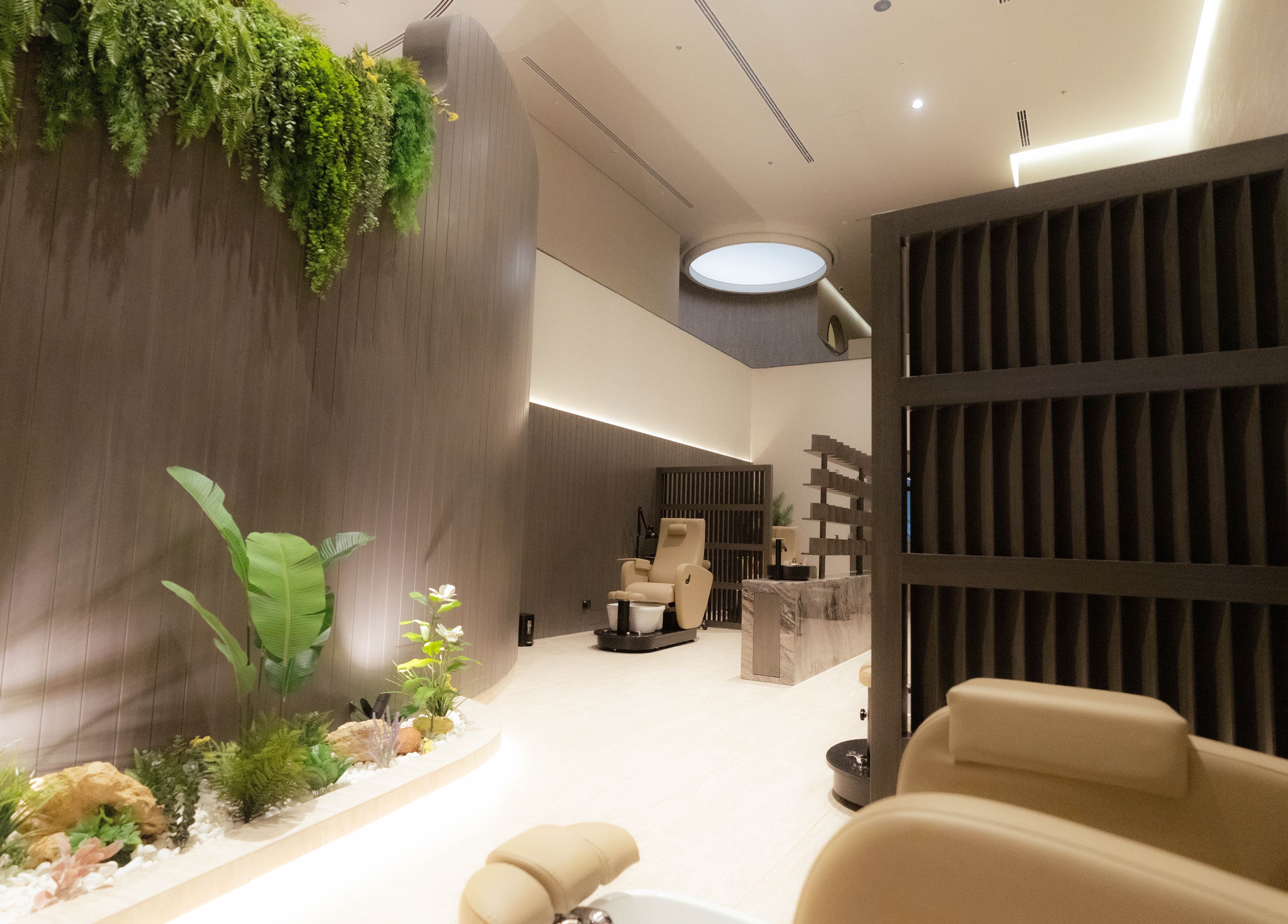 Relaxing pedicure station at Alpha Spa, Riyadh, Riyadh Province, SA, featuring elegant decor and natural elements.