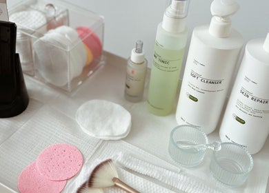 Skincare products at Kati Aesthetics in London, England, GB. Featuring cleanser, toner, and beauty tools.