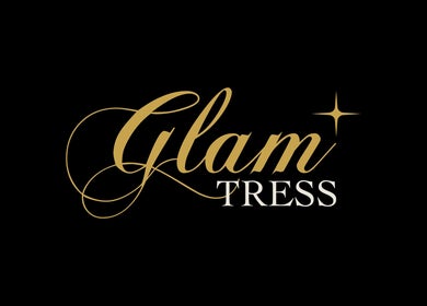 Elegant GlamTress✨ logo with gold text on black background, Luton, England, GB.