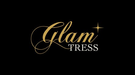 Elegant GlamTress✨ logo with gold text on black background, Luton, England, GB.