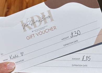 Kadi Hartley Beauty gift vouchers in Penistone, England, GB showing purchase amounts.