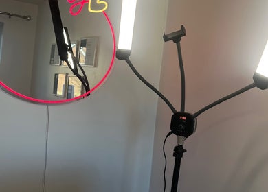 Beauty lighting setup with a neon mirror at KalliJayne Aesthetics, Margate, England, GB.