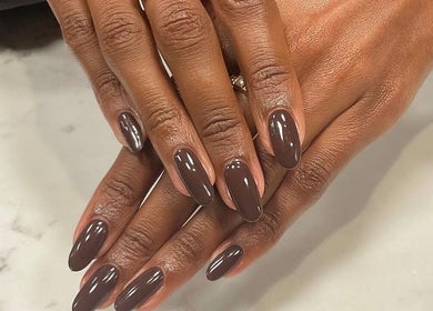 Stylish brown manicure at SetbyFloss, London, England, GB. Perfectly shaped and polished nails.