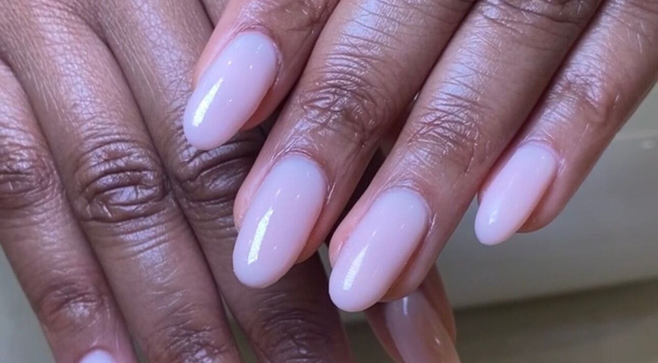 Close-up of elegant nails with a glossy finish at SetbyFloss, London, England, GB.