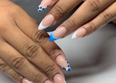 Stylish nail art with blue details at BodyScape Spa - Sunshine Outlet Mall Portmore, Portmore, St. Catherine Parish, JM.