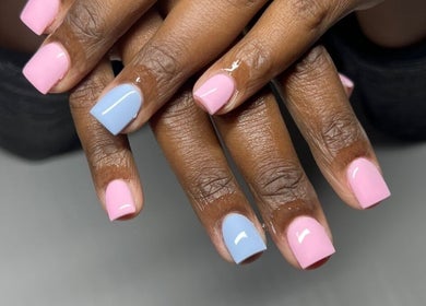 Manicure with pink and blue polish at BodyScape Spa - Sunshine Outlet Mall Portmore, Portmore, St. Catherine Parish, JM.