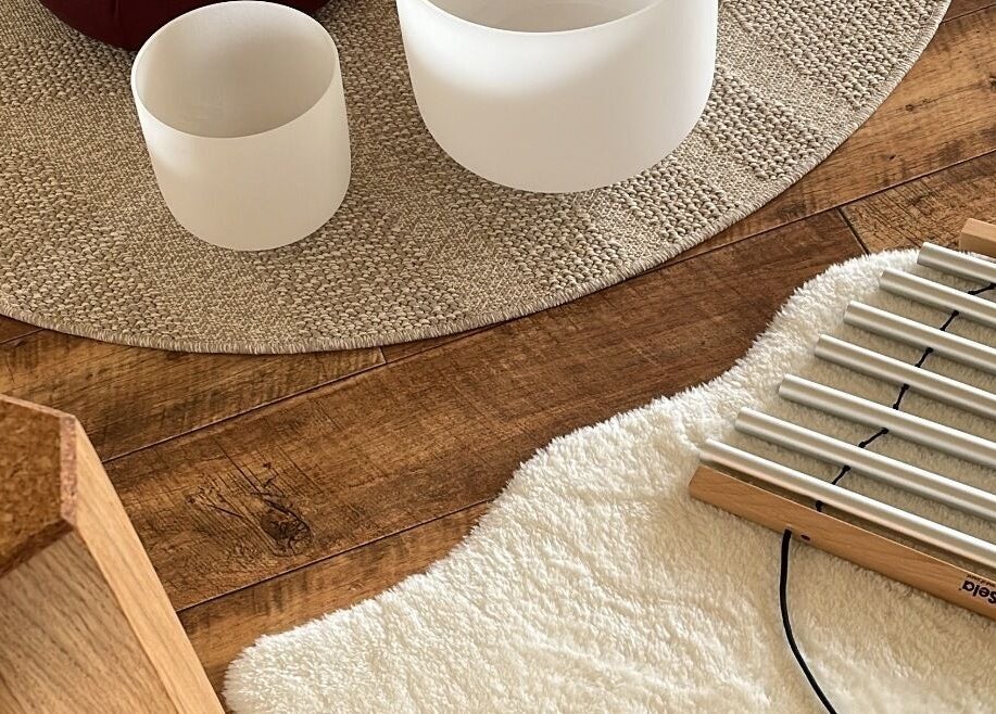 Wellness instruments at Hummingbird Haven, Bray, County Wicklow, IE, set on a cozy wooden floor.