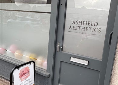 Entrance to The Beauty Loft in Kirkby In Ashfield, England, GB with Ashfield Aesthetics sign.