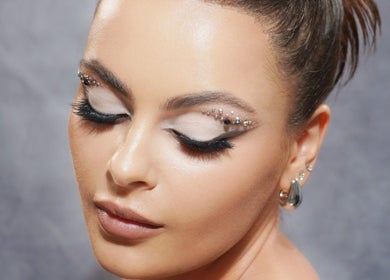 Close-up of dazzling makeup at Revive Hair Salon, Los Angeles, California, US.