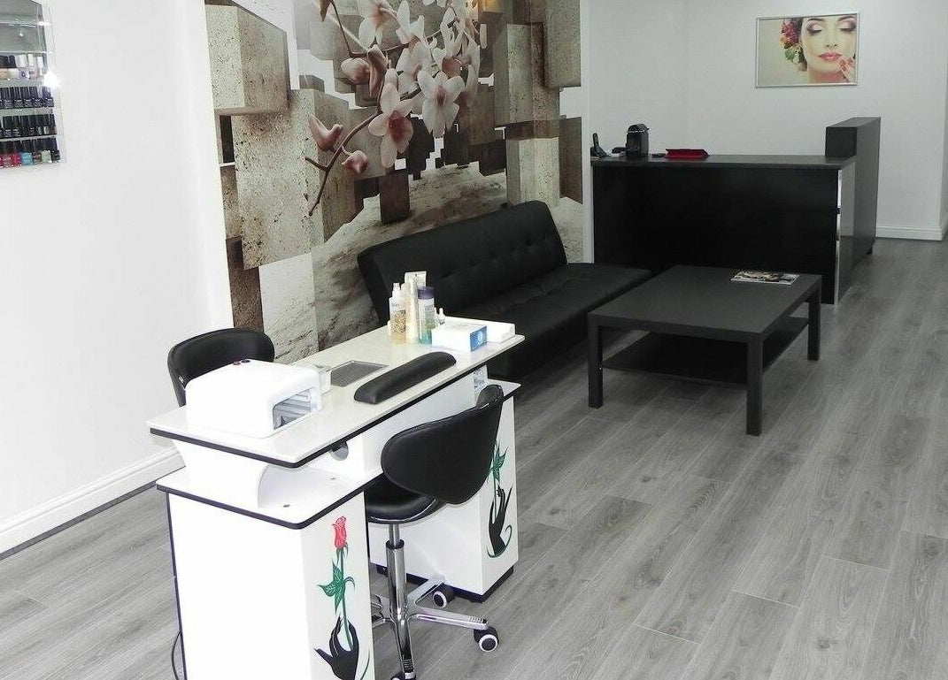Elegant manicure station at Glamour Beauticians in Manchester, England, GB with modern decor.