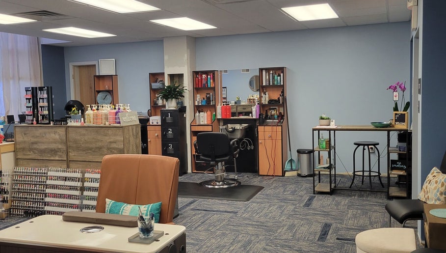 Interior of Good Vibes Salon in Hanover, Pennsylvania, US with modern decor and styling stations.
