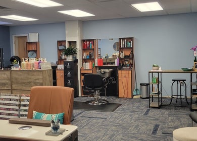 Interior of Good Vibes Salon in Hanover, Pennsylvania, US with modern decor and styling stations.