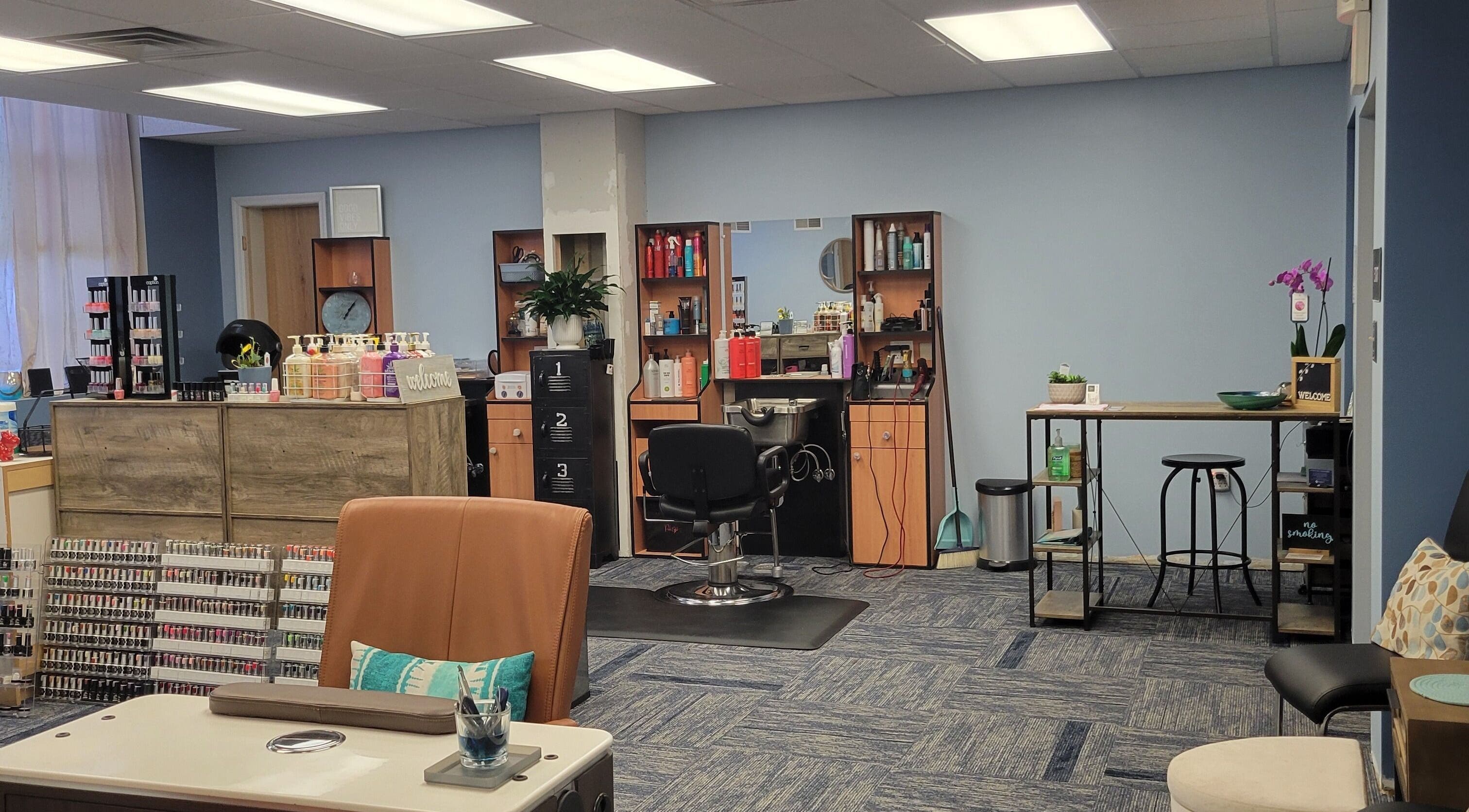 Interior of Good Vibes Salon in Hanover, Pennsylvania, US with modern decor and styling stations.