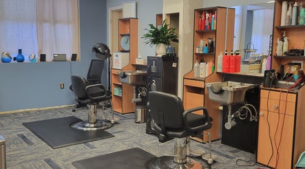 Inside Good Vibes Salon in Hanover, Pennsylvania, featuring modern styling stations and hair care products.