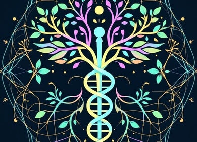 Colorful DNA tree art symbolizes wellness at Good Vibes Salon, Hanover, Pennsylvania, US.