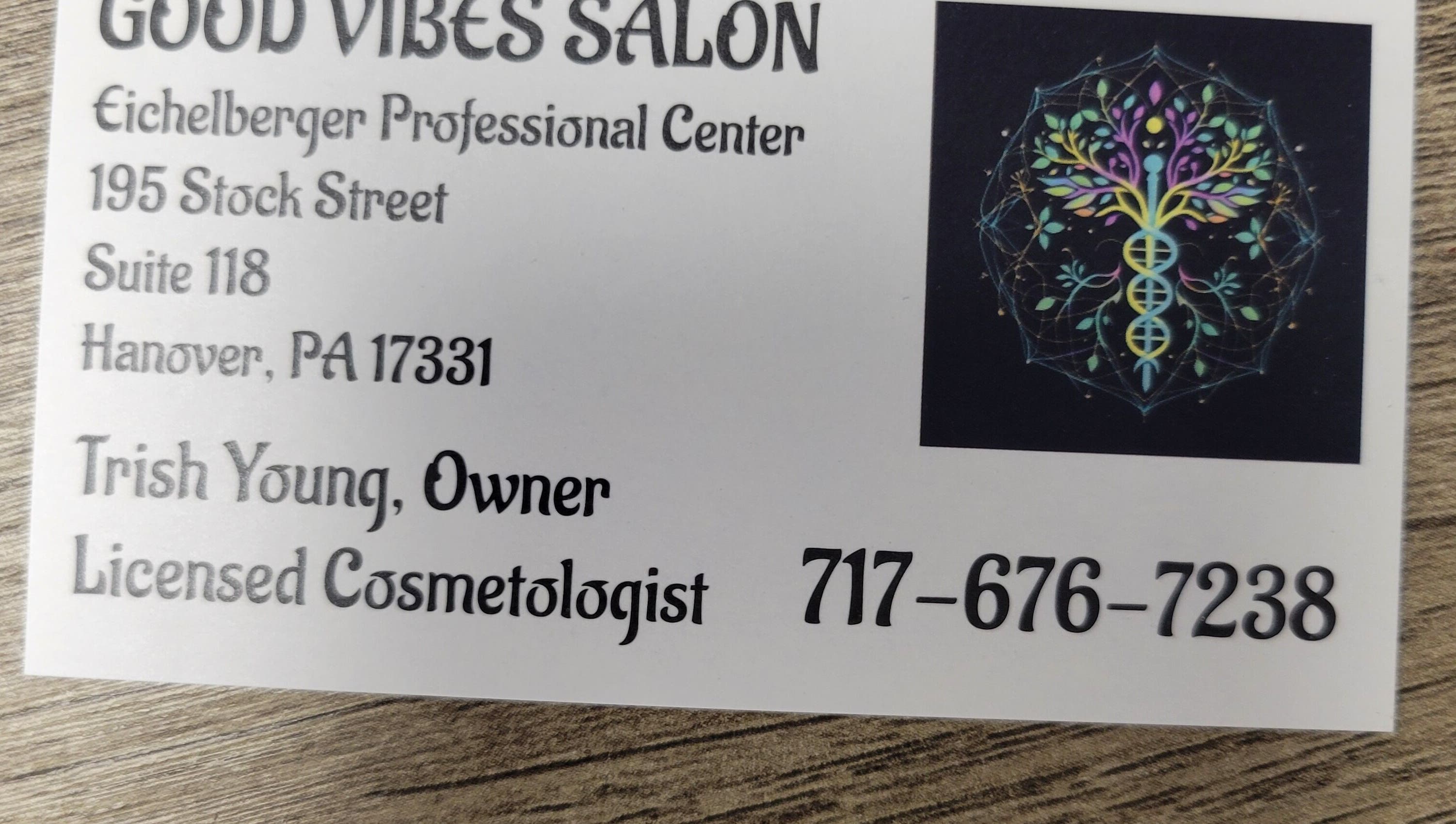 Business card for Good Vibes Salon in Hanover, Pennsylvania, US featuring vibrant logo.