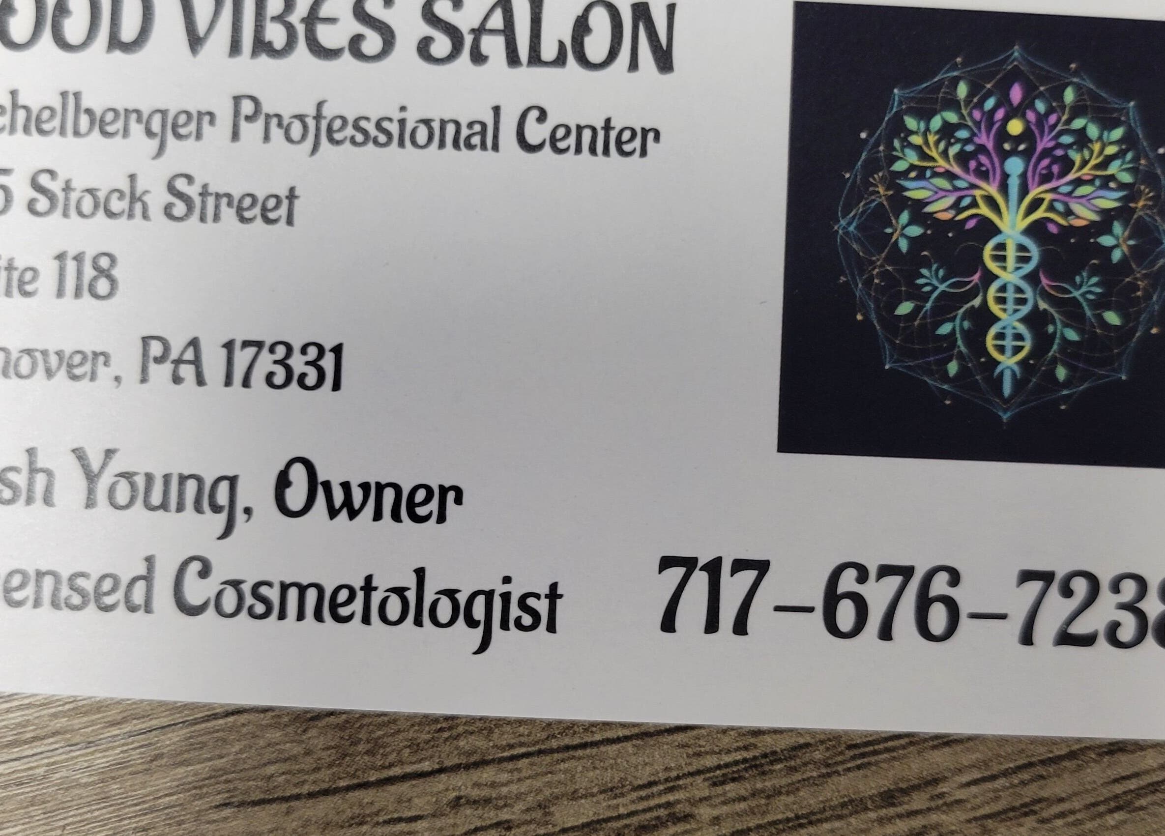 Business card for Good Vibes Salon in Hanover, Pennsylvania, US featuring vibrant logo.