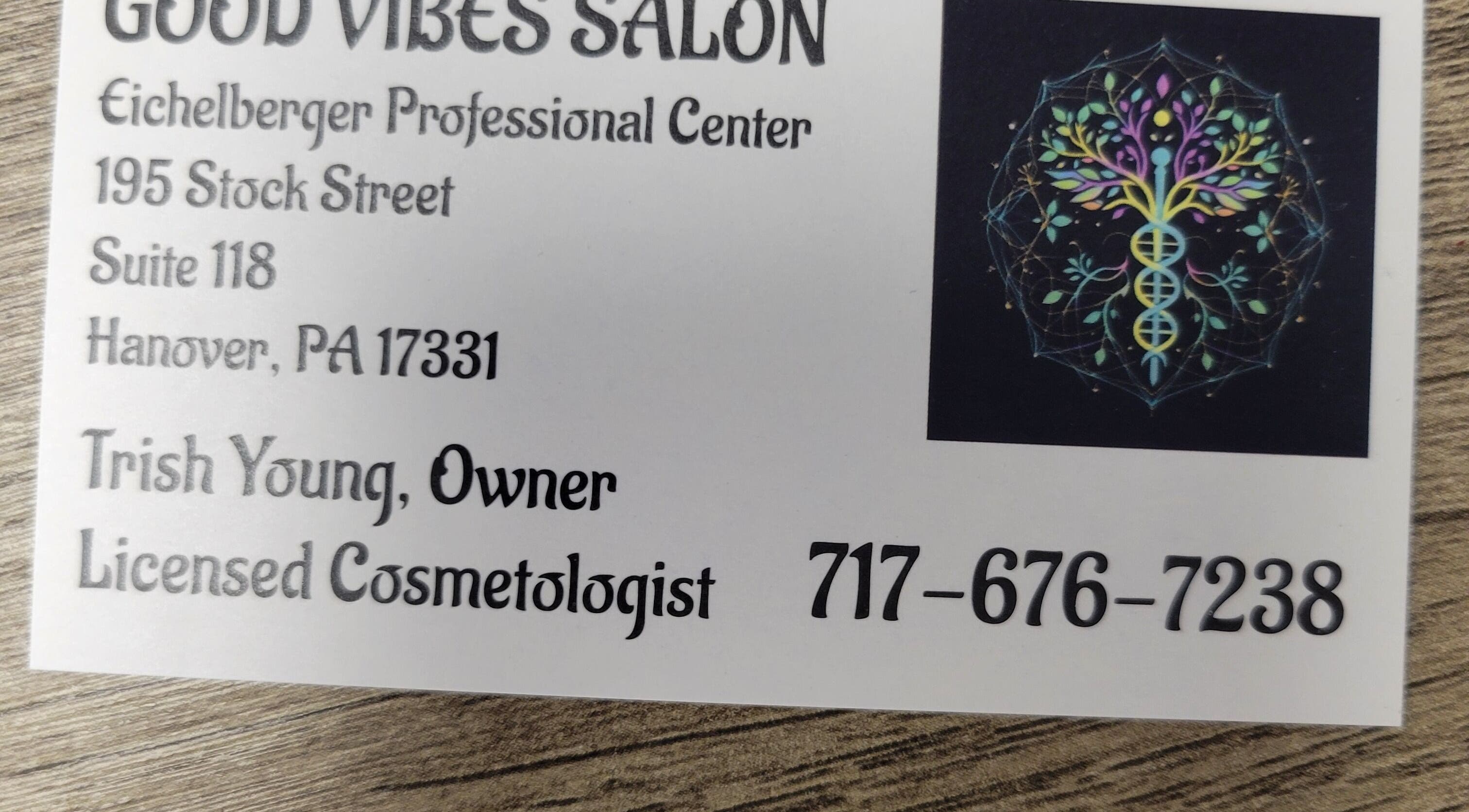 Business card for Good Vibes Salon in Hanover, Pennsylvania, US featuring vibrant logo.