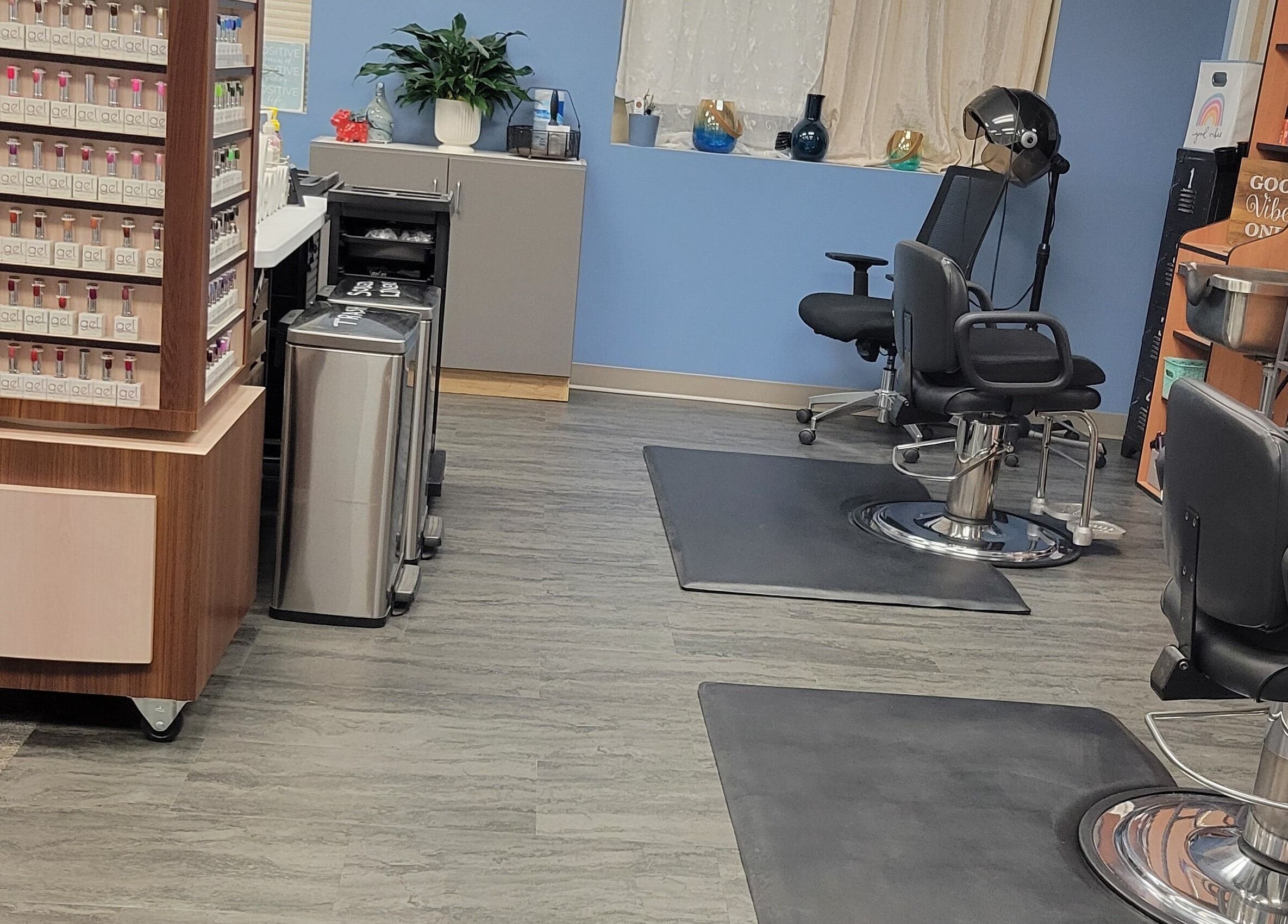 Stylish salon chairs and nail polish display at Good Vibes Salon, Hanover, Pennsylvania, US.