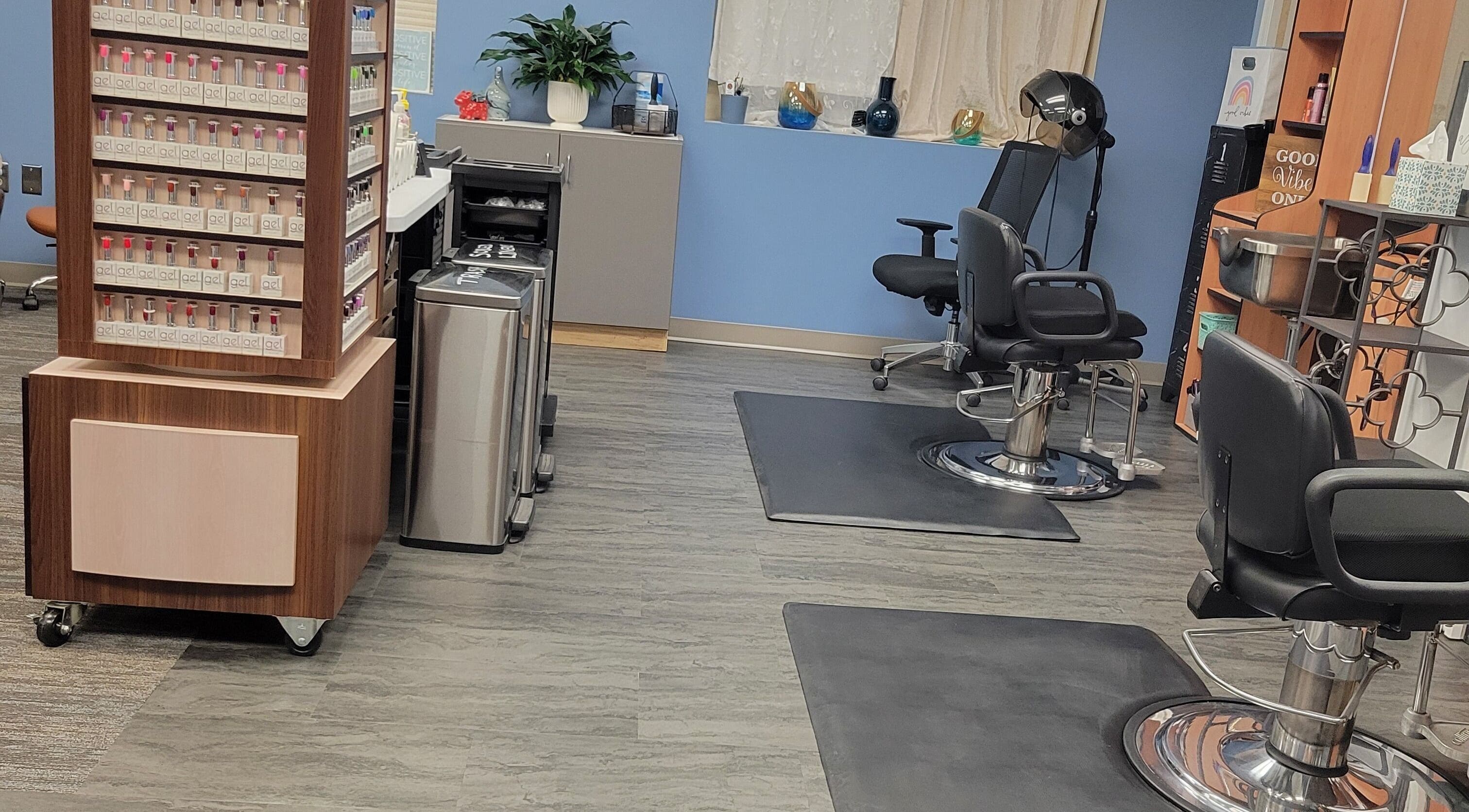 Stylish salon chairs and nail polish display at Good Vibes Salon, Hanover, Pennsylvania, US.