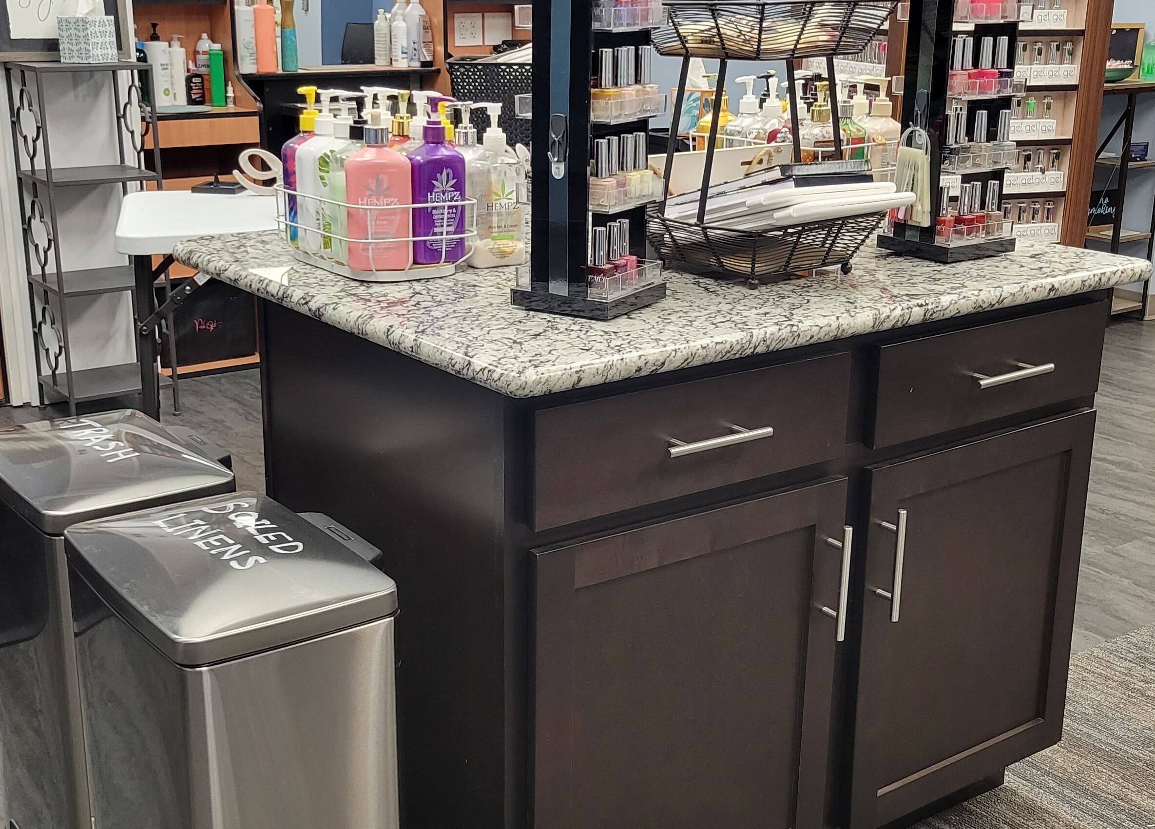 Product display at Good Vibes Salon in Hanover, Pennsylvania featuring hair and skincare essentials.