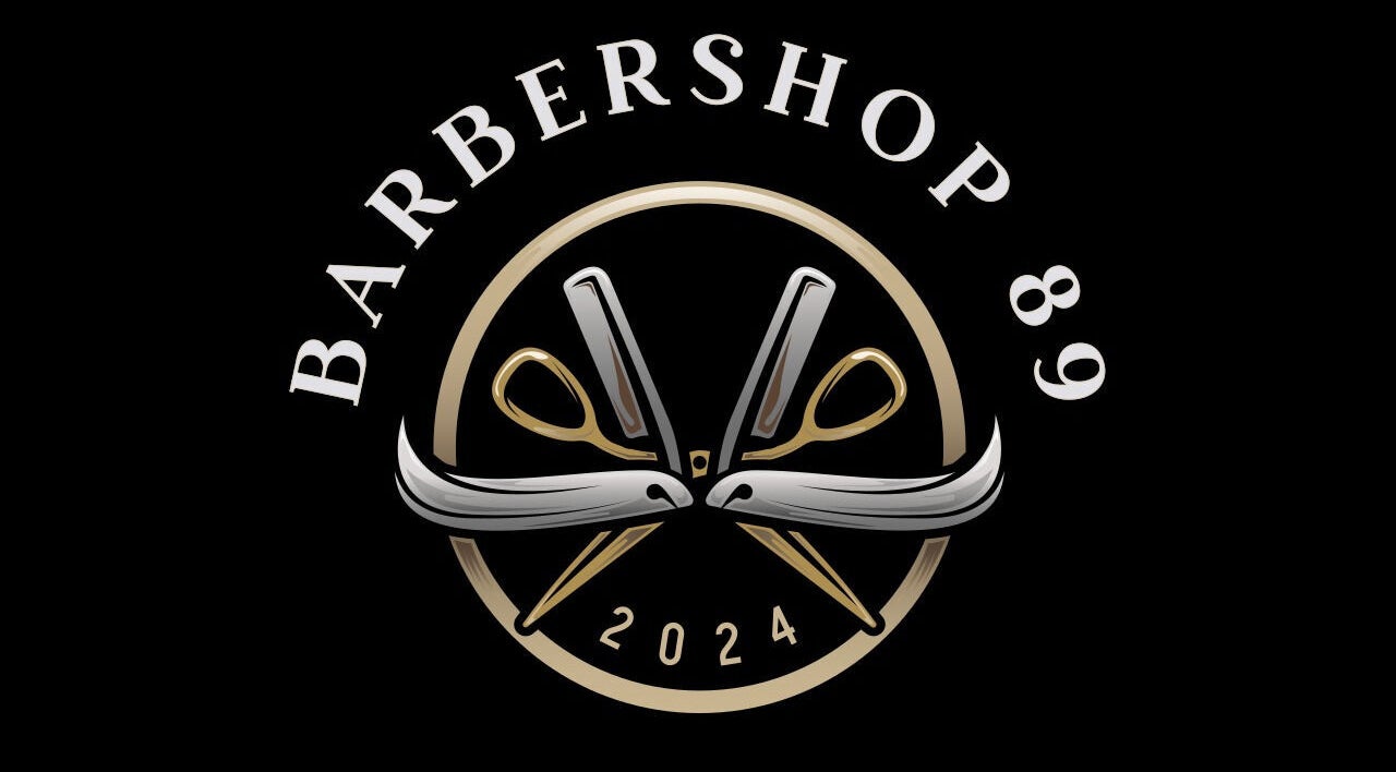 Barbershop 89 logo with scissors emblem in Hamilton, Ontario, CA. Sophisticated design.