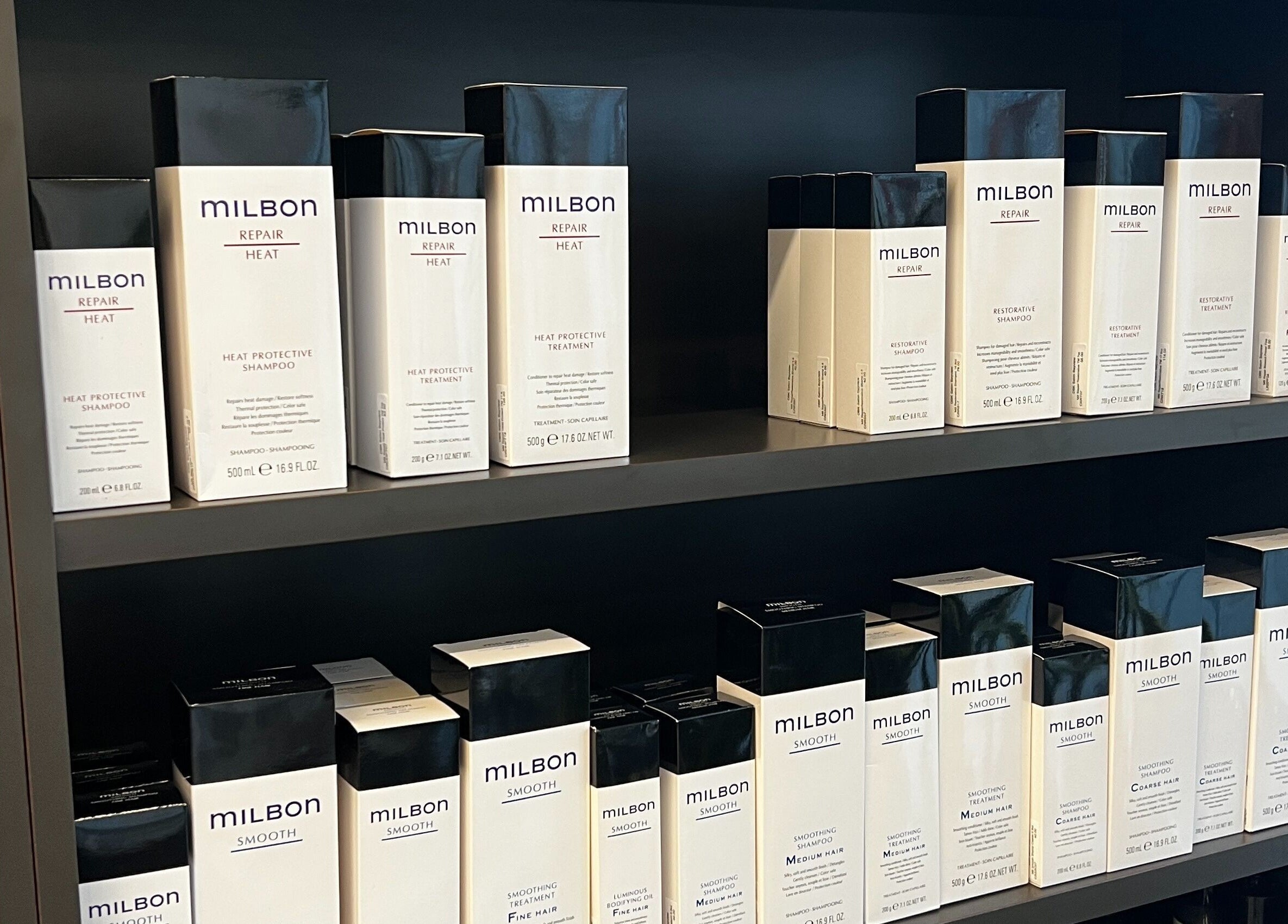 Milbon products on a shelf at DBK Salon Bayview, Toronto, Ontario, CA. Perfect for hair care needs.