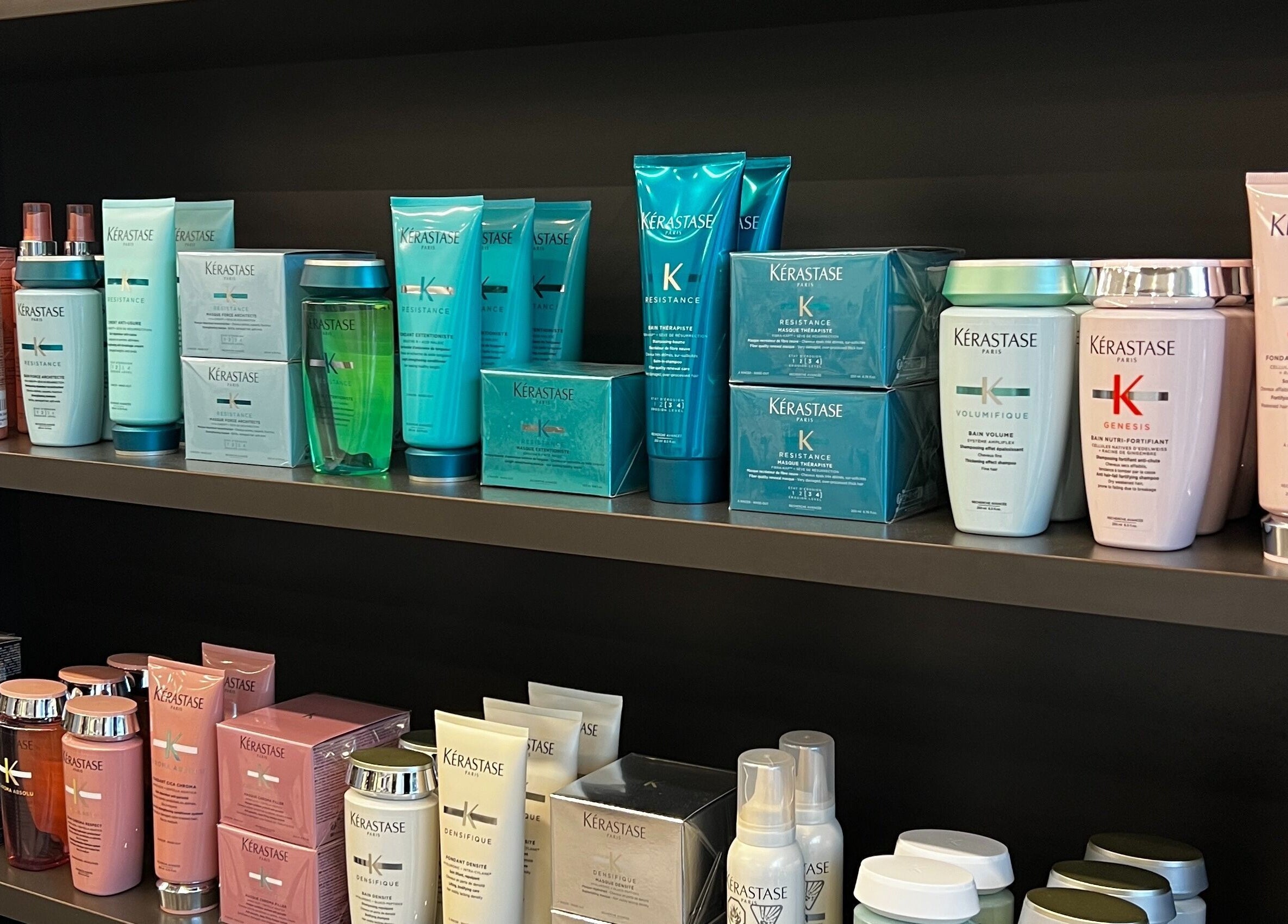 Kerastase hair products neatly displayed at DBK Salon Bayview in Toronto, Ontario, CA.
