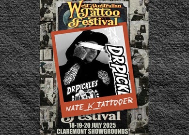 West Australian Tattoo Festival poster featuring a tattoo artist at Claremont, Western Australia, AU.