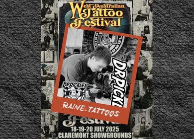Tattoo artist at West Australian Tattoo Festival in Claremont, Western Australia, AU showcasing skills.