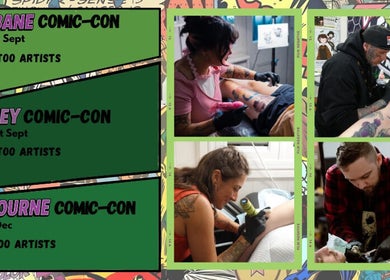 Tattoo artists at Oz Comic-Con Sydney 2025, Sydney, New South Wales, AU showcase their skills.