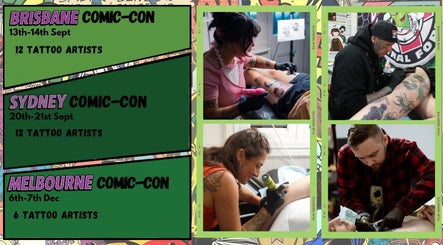 Tattoo artists at Oz Comic-Con Sydney 2025, Sydney, New South Wales, AU showcase their skills.