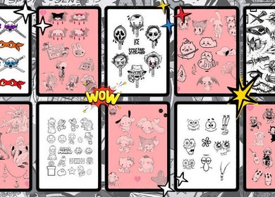 Colorful cartoon sticker designs at Oz Comic-Con Sydney 2025, Sydney, New South Wales, AU.