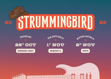 Strummingbird Perth event poster in Claremont, Western Australia, AU with guitar graphic and event dates.