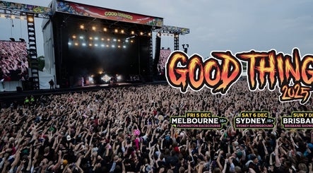 Excited crowd at Good Things Sydney at Dr Pickles Tattoo Lane, Sydney Olympic Park, New South Wales, AU.