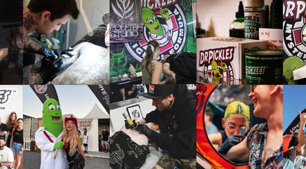 Tattoo artist at work in Dr Pickles Tattoo Lane At Good Things Brisbane, Bowen Hills, Queensland, AU.