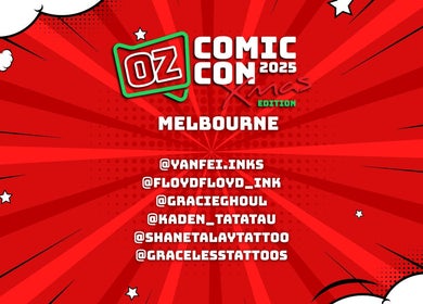 Dr Pickles Tattoo Lane At Comic-con Xmas in Melbourne, Victoria, AU features vibrant red comic book design.
