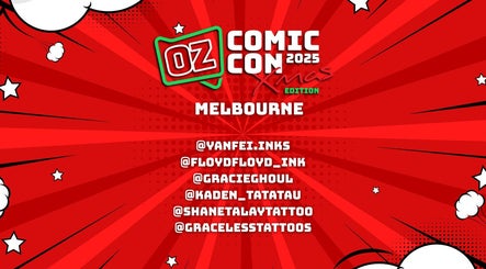 Dr Pickles Tattoo Lane At Comic-con Xmas in Melbourne, Victoria, AU features vibrant red comic book design.