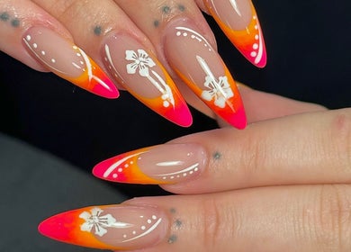 Colorful floral nail art by Nails by Emeli at Halfway, England, GB showcases bright orange and pink designs.